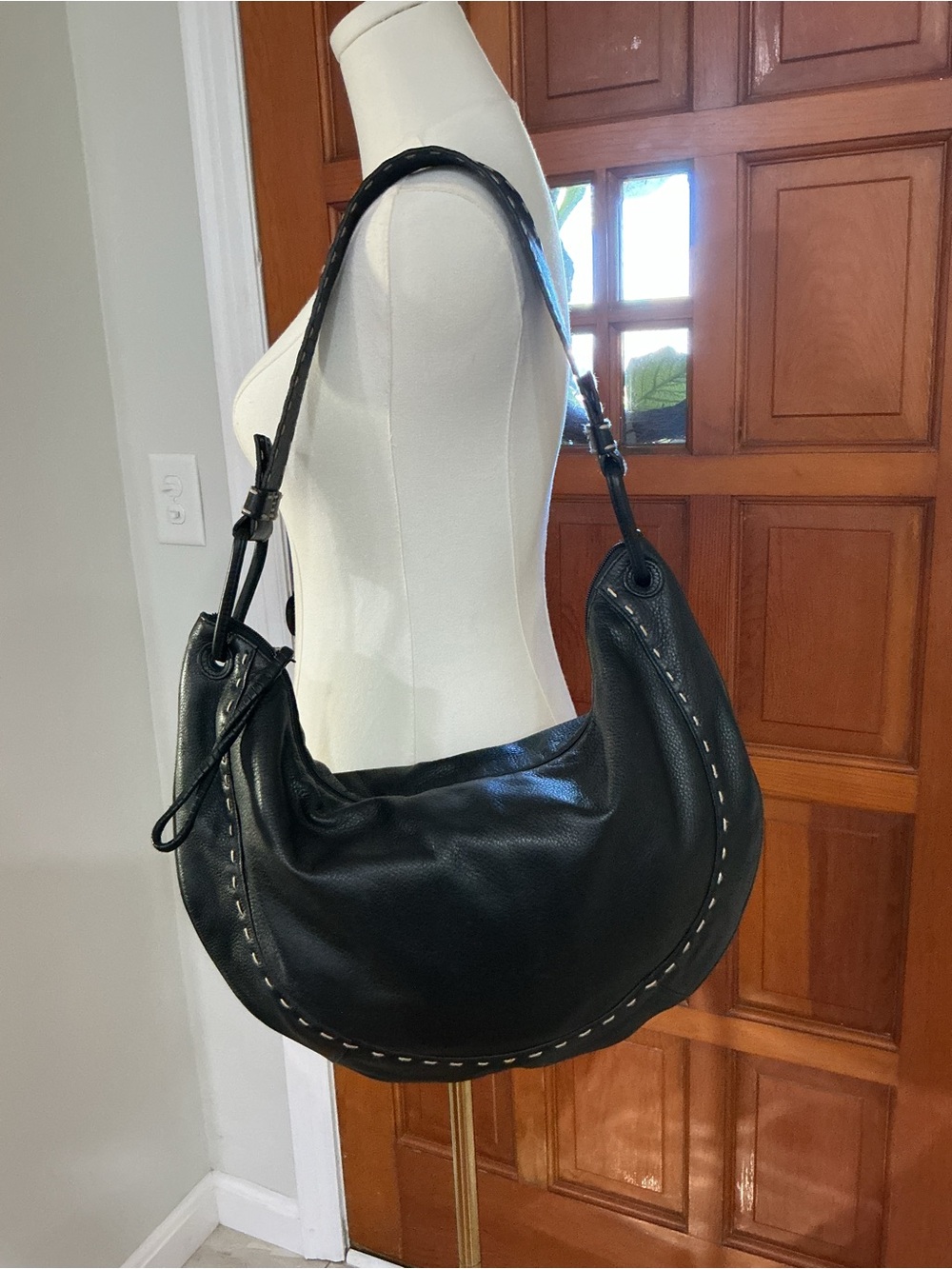 Sigrid Olsen Black Pebbled Leather Sloutchy Half Moon Hobo Shoulder Bag